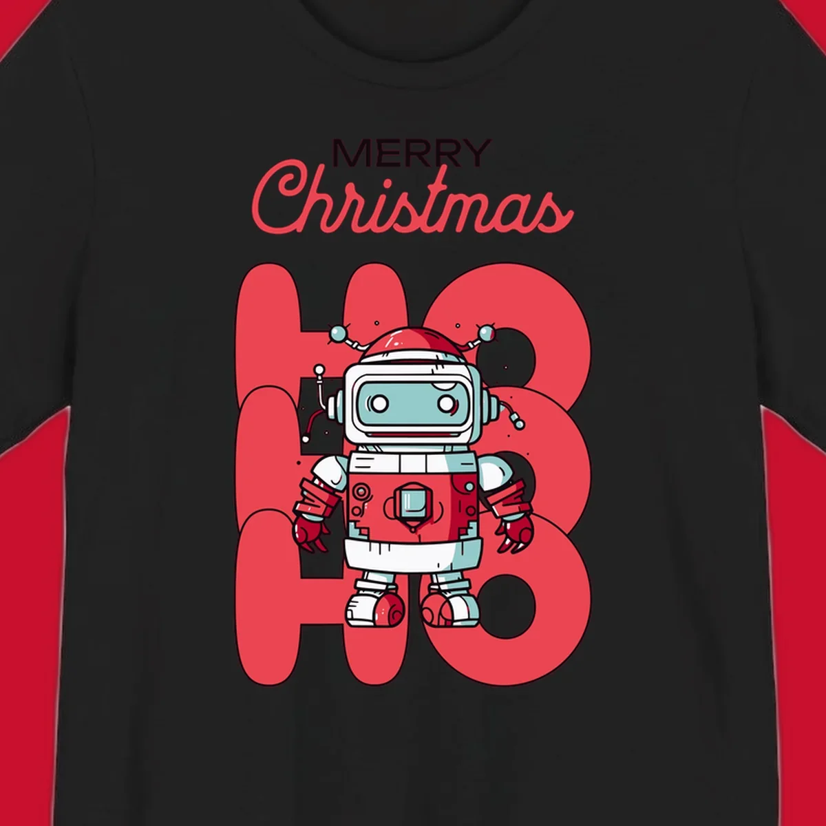 Robot wearing a Santa hat with Merry Christmas text and HO HO HO background.