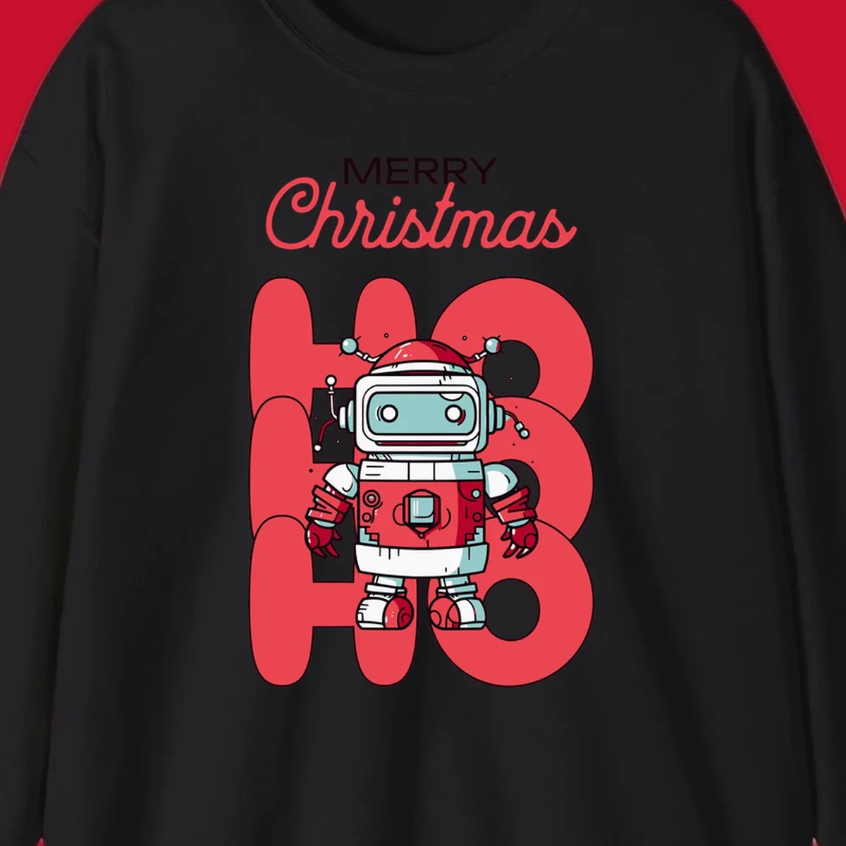 Robot wearing a Santa hat with Merry Christmas text and HO HO HO background.