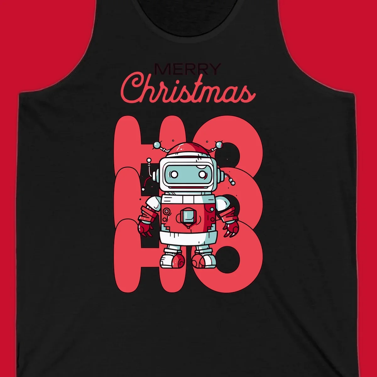 Robot wearing a Santa hat with Merry Christmas text and HO HO HO background.
