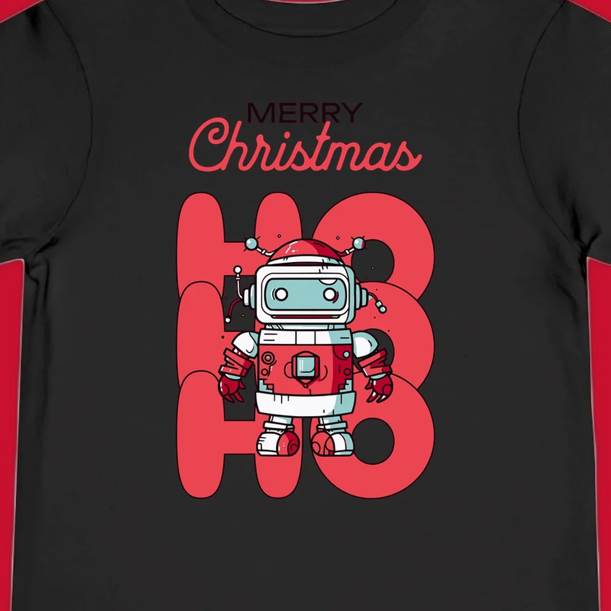 Robot wearing a Santa hat with Merry Christmas text and HO HO HO background.