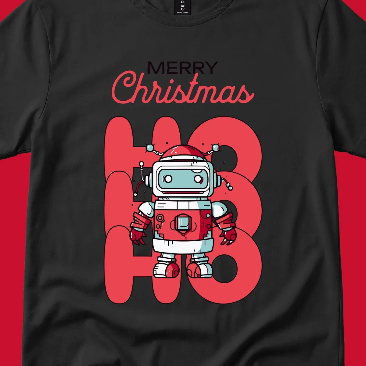 Robot wearing a Santa hat with Merry Christmas text and HO HO HO background.