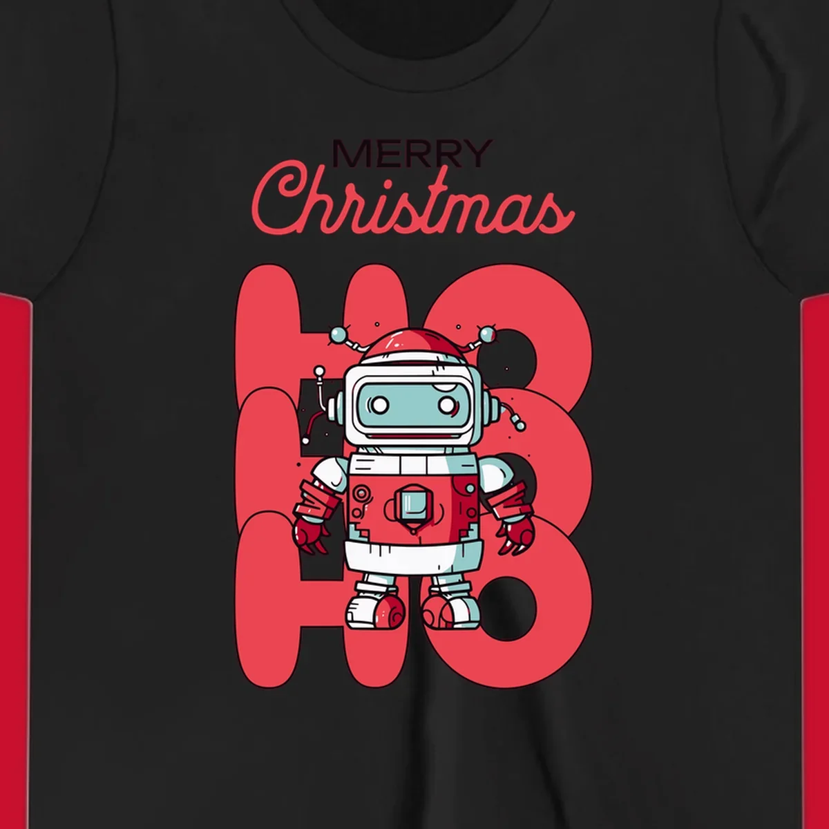 Robot wearing a Santa hat with Merry Christmas text and HO HO HO background.