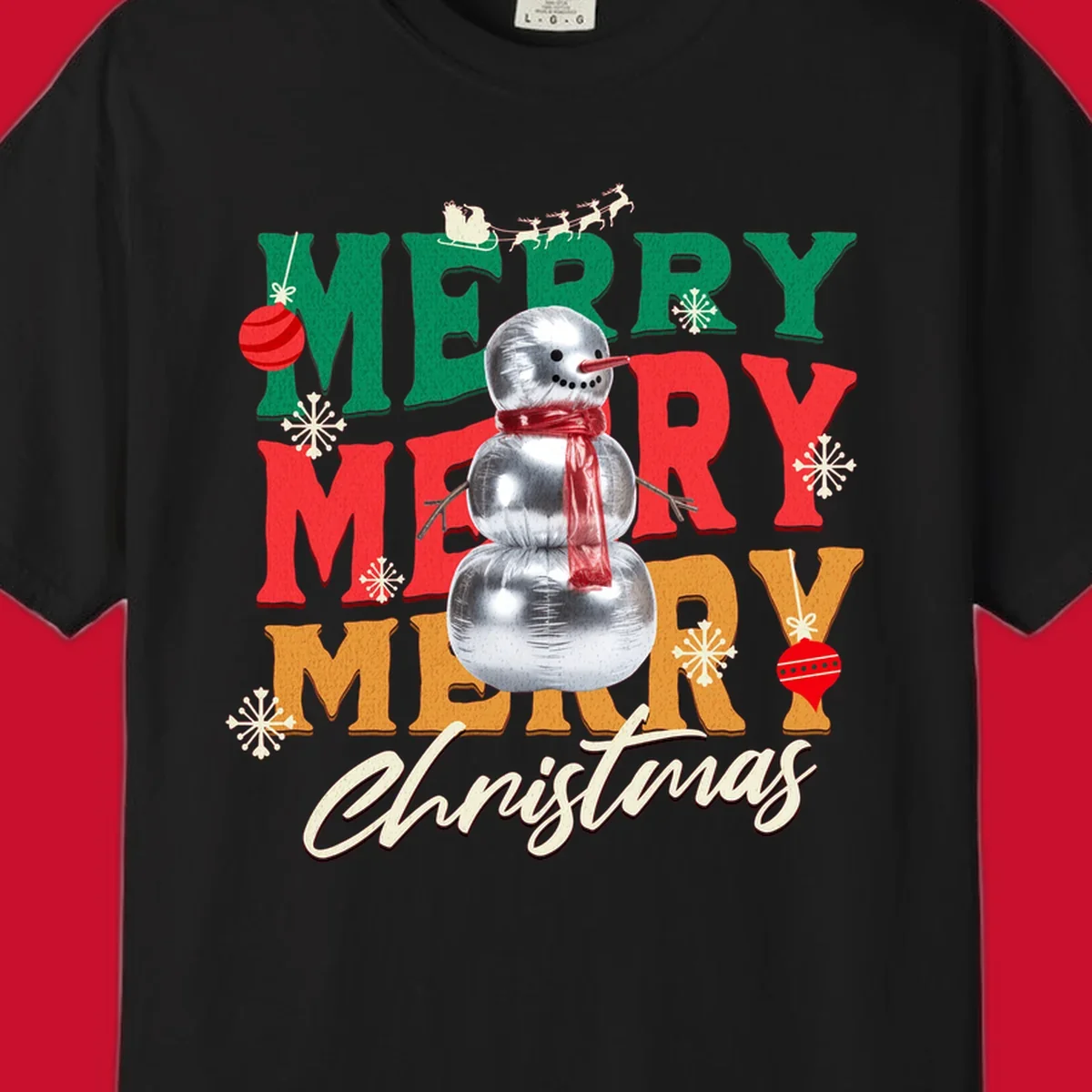 Merry Merry Merry Christmas text with a snowman illustration, snowflakes, and ornaments.