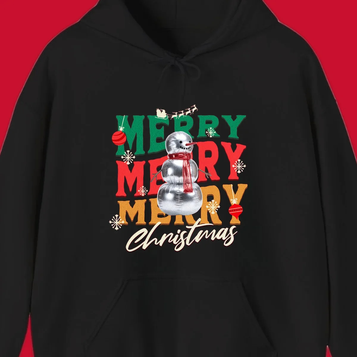 Merry Merry Merry Christmas text with a snowman illustration, snowflakes, and ornaments.