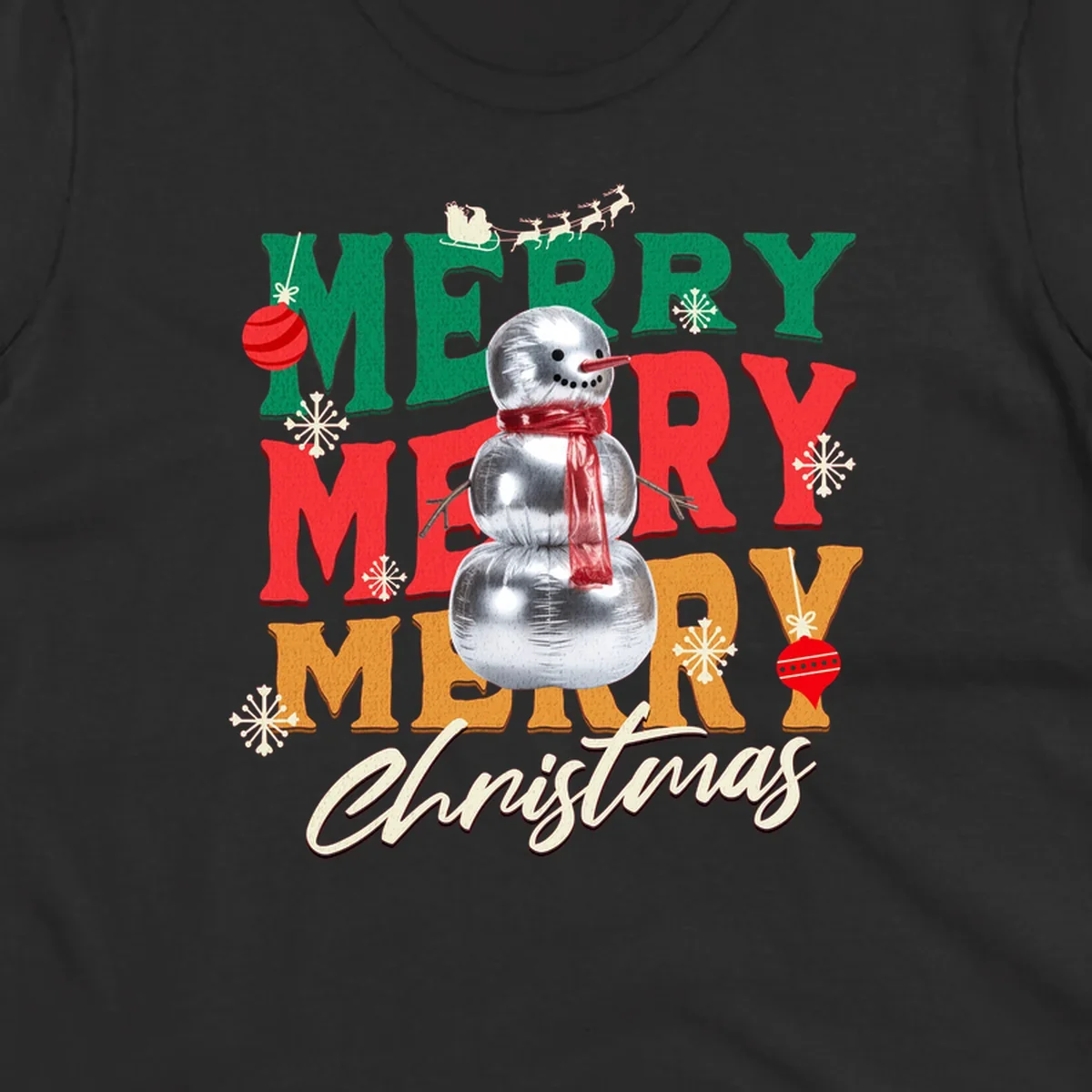 Merry Merry Merry Christmas text with a snowman illustration, snowflakes, and ornaments.