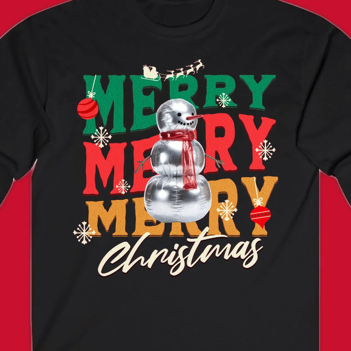 Merry Merry Merry Christmas text with a snowman illustration, snowflakes, and ornaments.