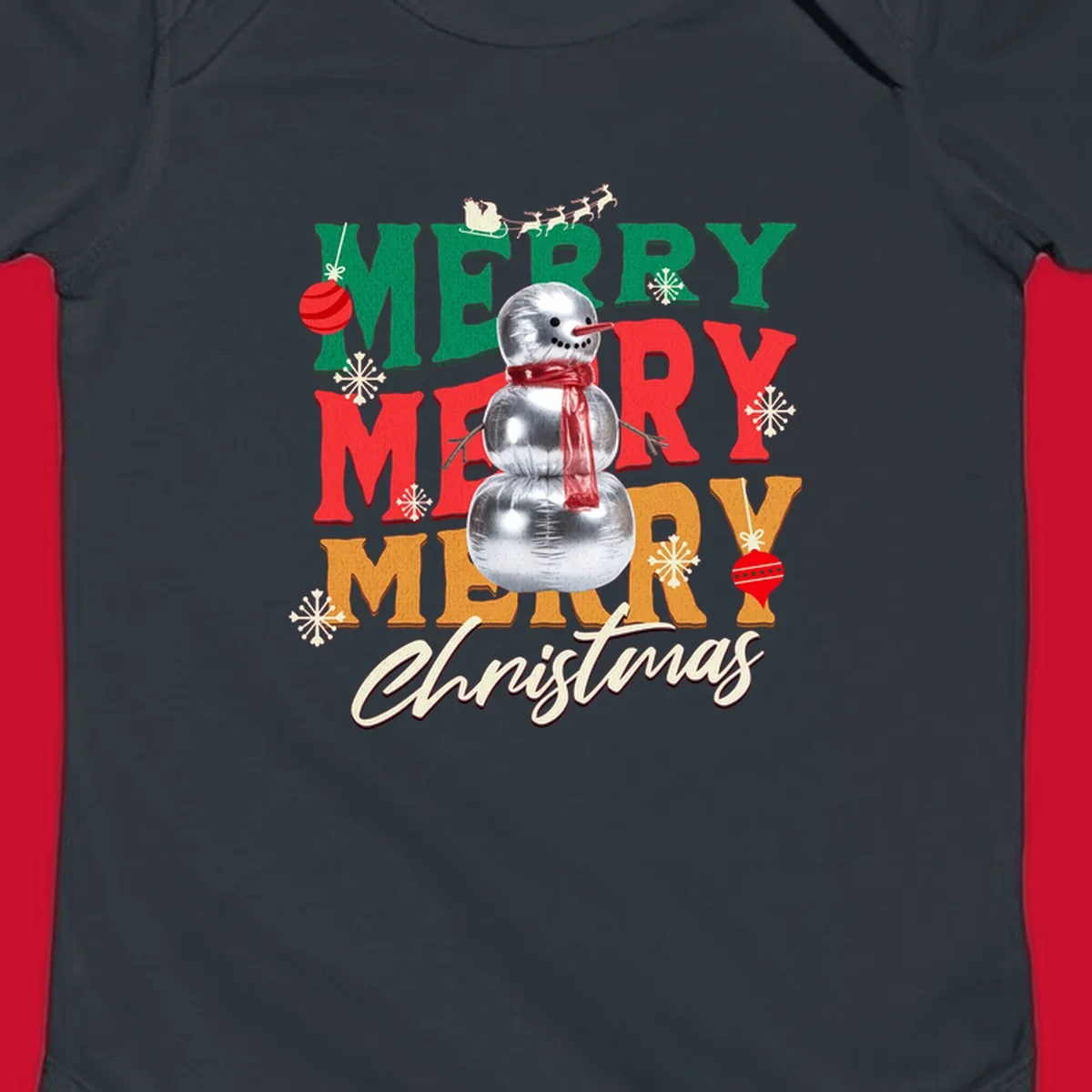 Merry Merry Merry Christmas text with a snowman illustration, snowflakes, and ornaments.