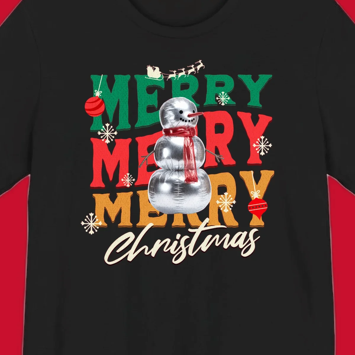Merry Merry Merry Christmas text with a snowman illustration, snowflakes, and ornaments.