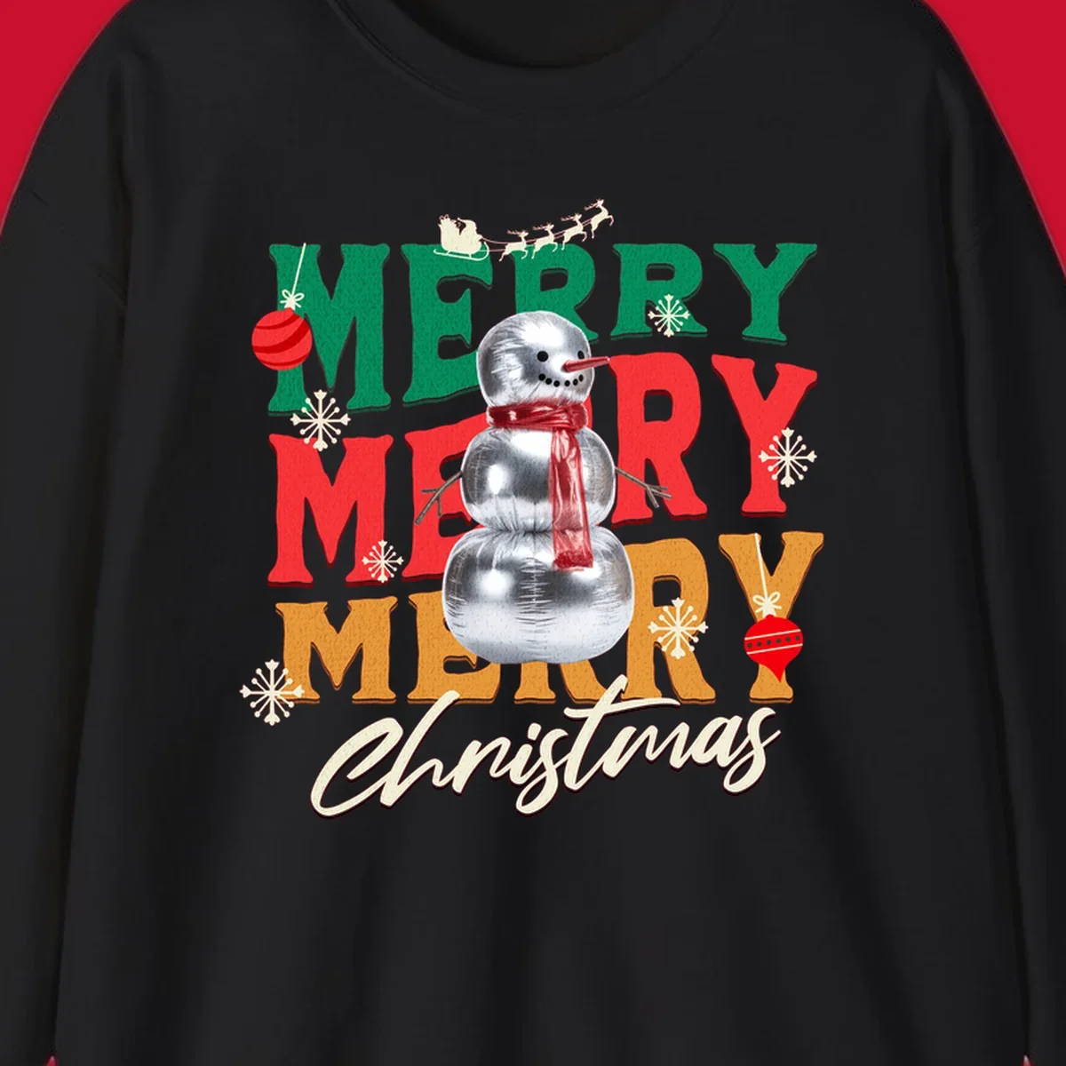 Merry Merry Merry Christmas text with a snowman illustration, snowflakes, and ornaments.