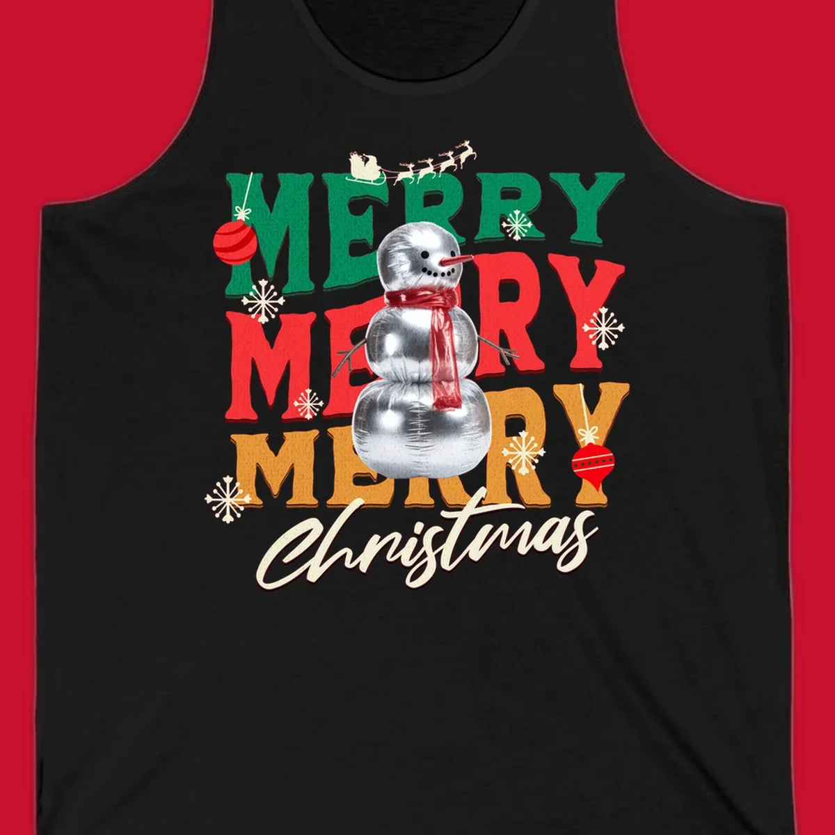 Merry Merry Merry Christmas text with a snowman illustration, snowflakes, and ornaments.