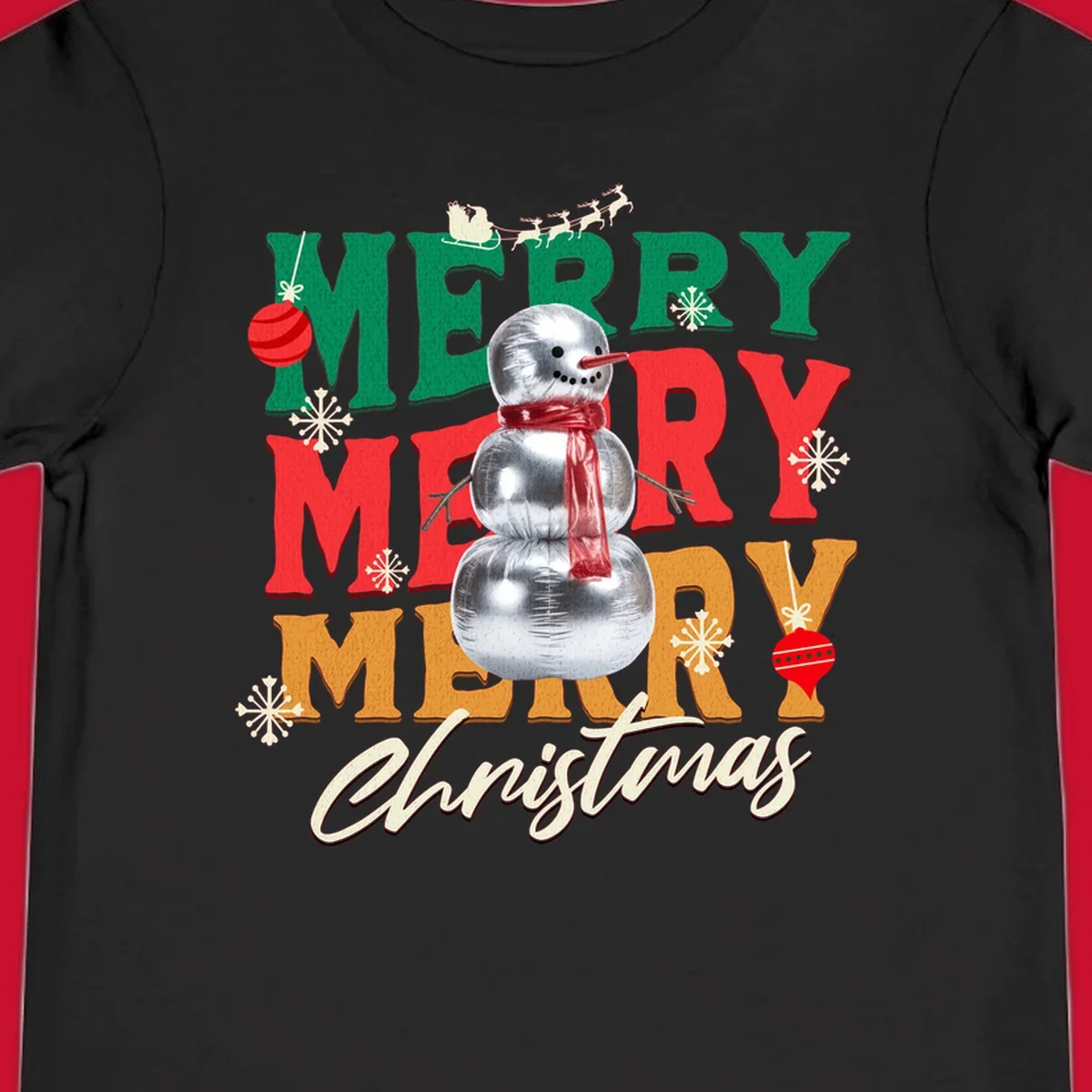 Merry Merry Merry Christmas text with a snowman illustration, snowflakes, and ornaments.