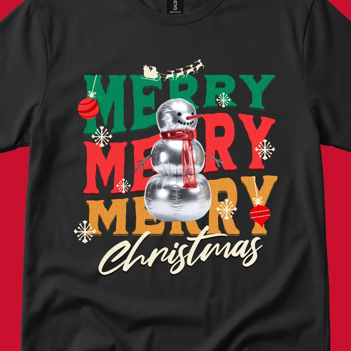 Merry Merry Merry Christmas text with a snowman illustration, snowflakes, and ornaments.
