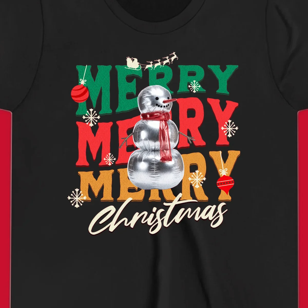 Merry Merry Merry Christmas text with a snowman illustration, snowflakes, and ornaments.
