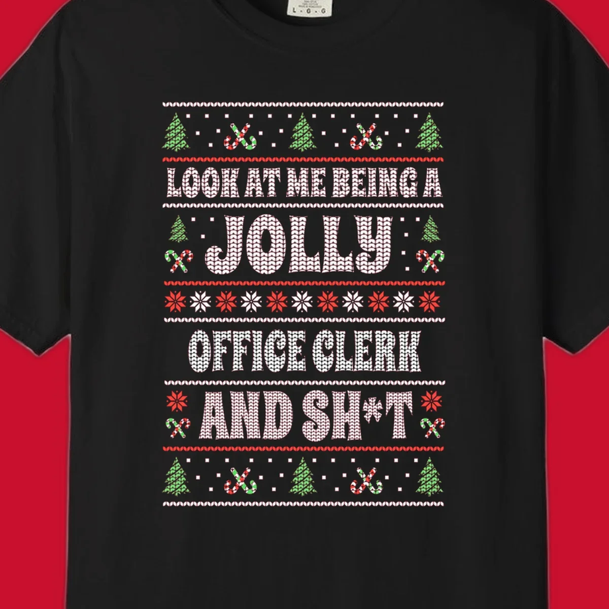 Jolly office clerk and shit text with Christmas trees and candy canes