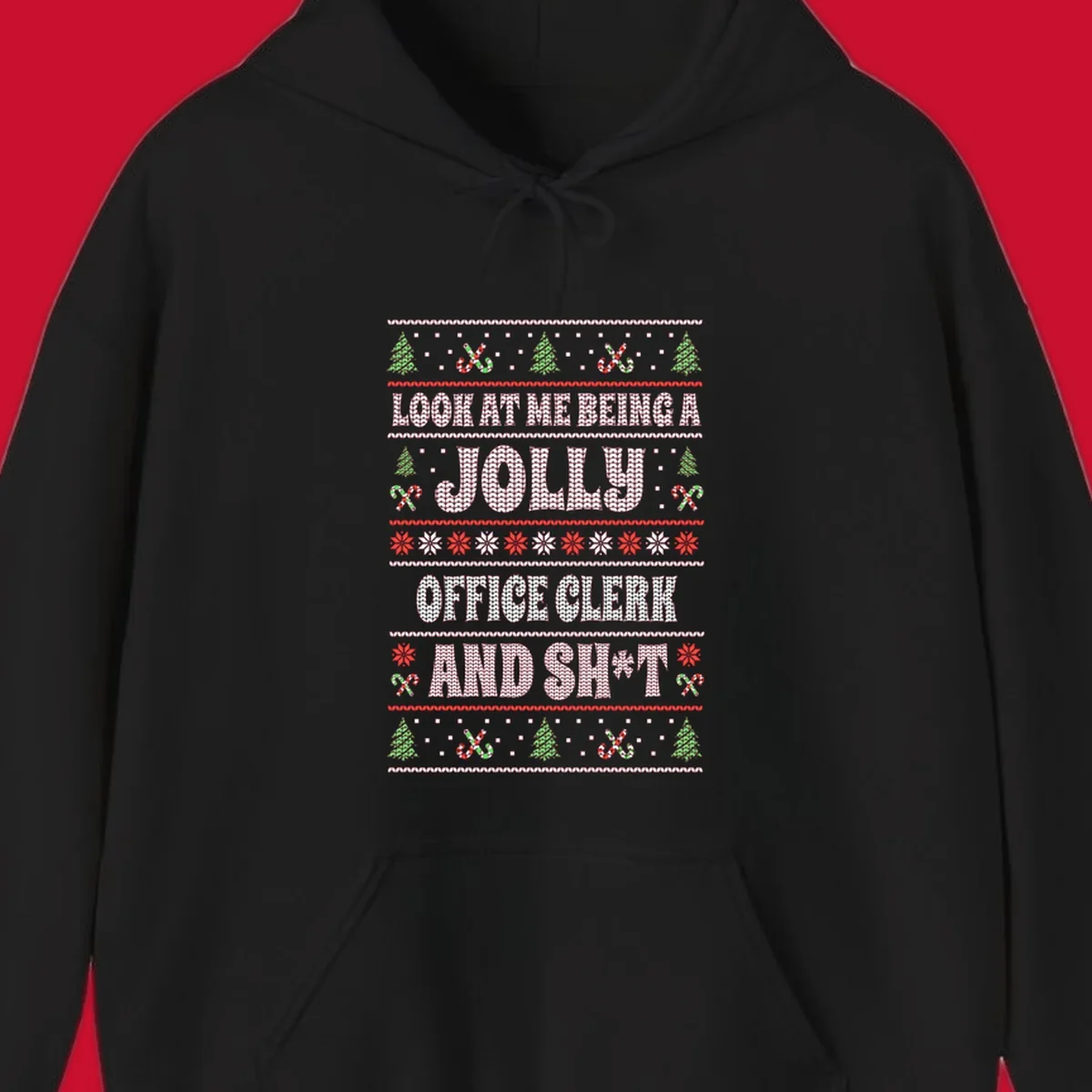 Jolly office clerk and shit text with Christmas trees and candy canes