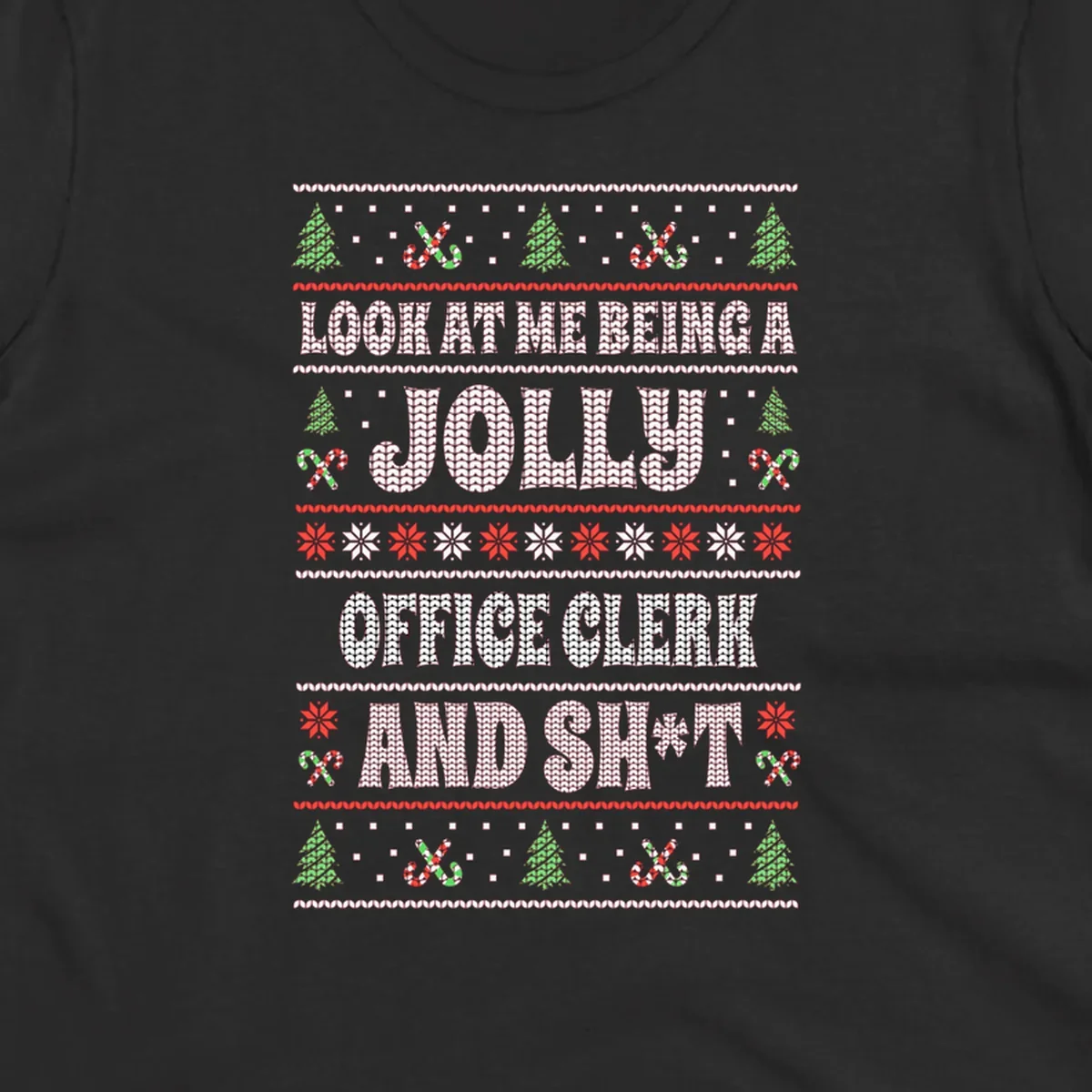 Jolly office clerk and shit text with Christmas trees and candy canes