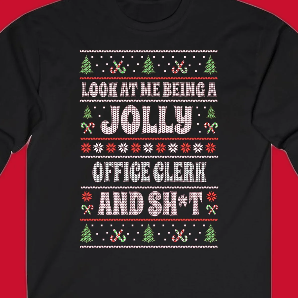 Jolly office clerk and shit text with Christmas trees and candy canes