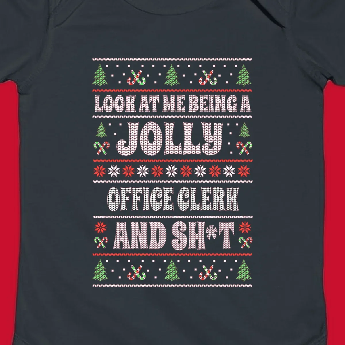 Jolly office clerk and shit text with Christmas trees and candy canes