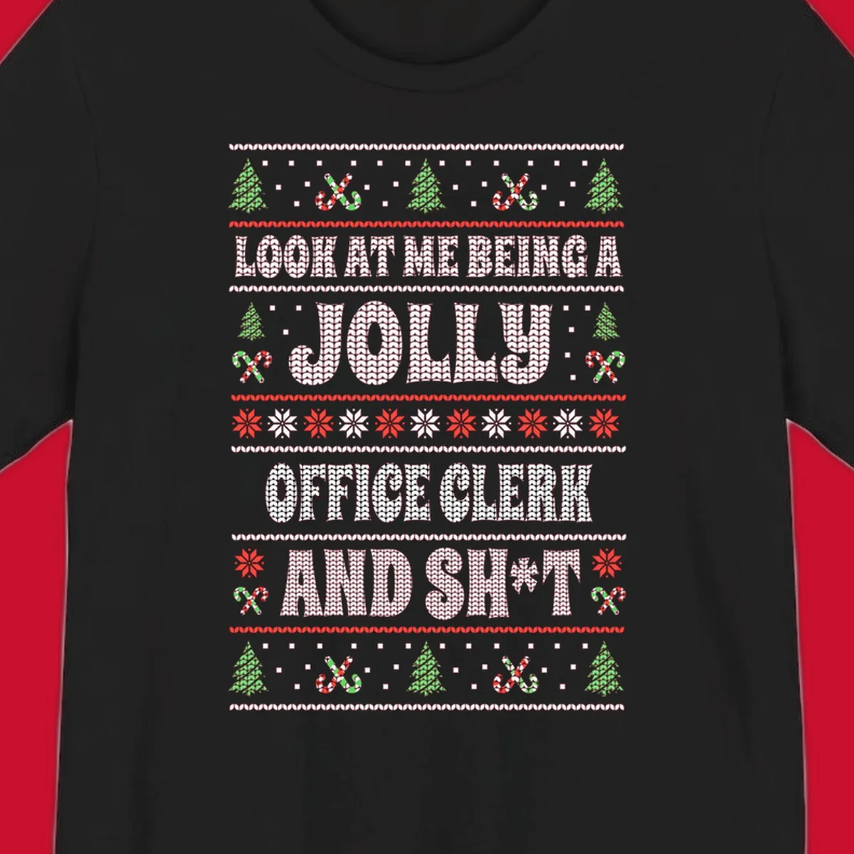 Jolly office clerk and shit text with Christmas trees and candy canes