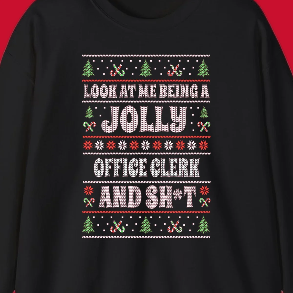 Jolly office clerk and shit text with Christmas trees and candy canes