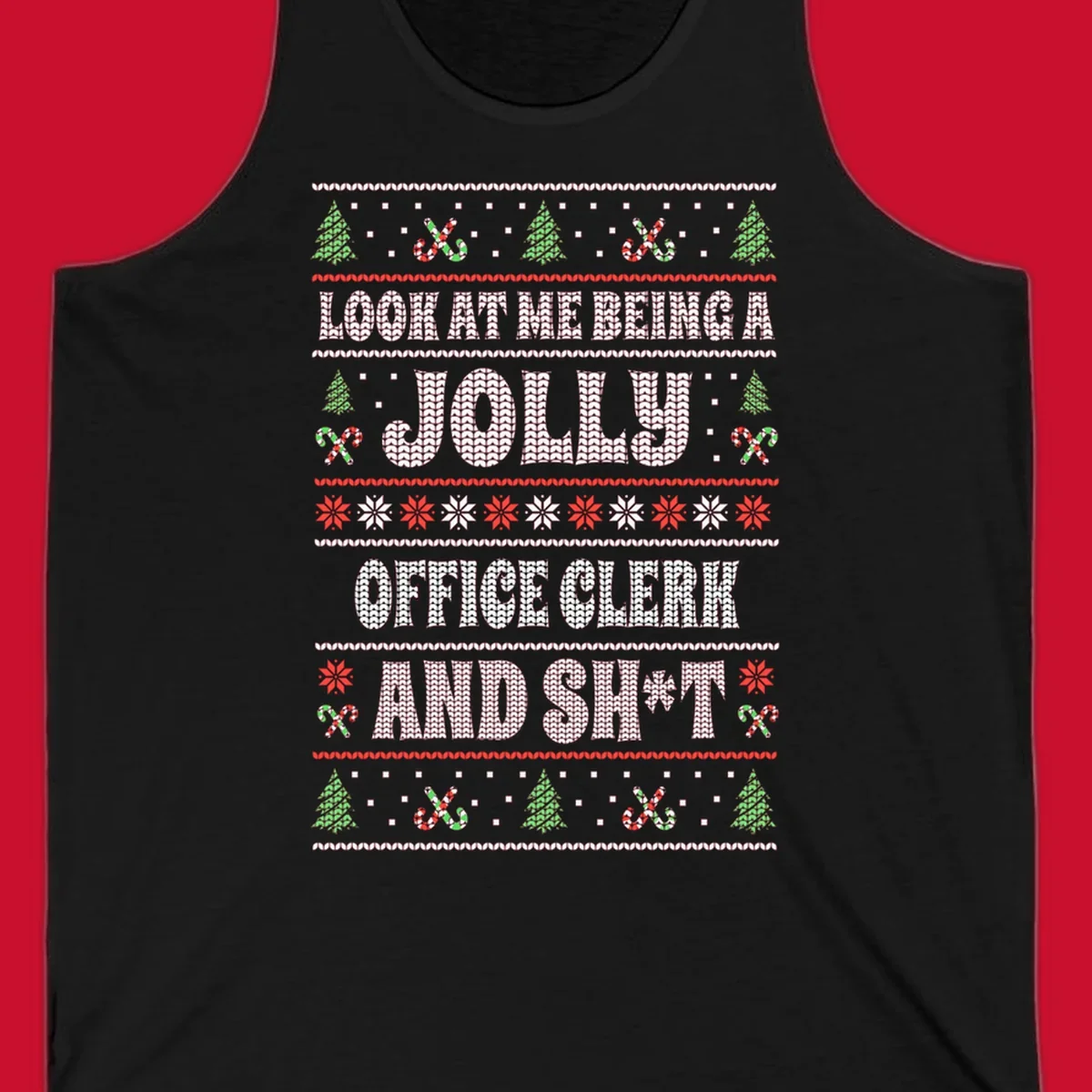 Jolly office clerk and shit text with Christmas trees and candy canes
