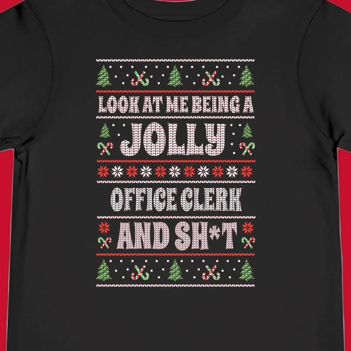 Jolly office clerk and shit text with Christmas trees and candy canes