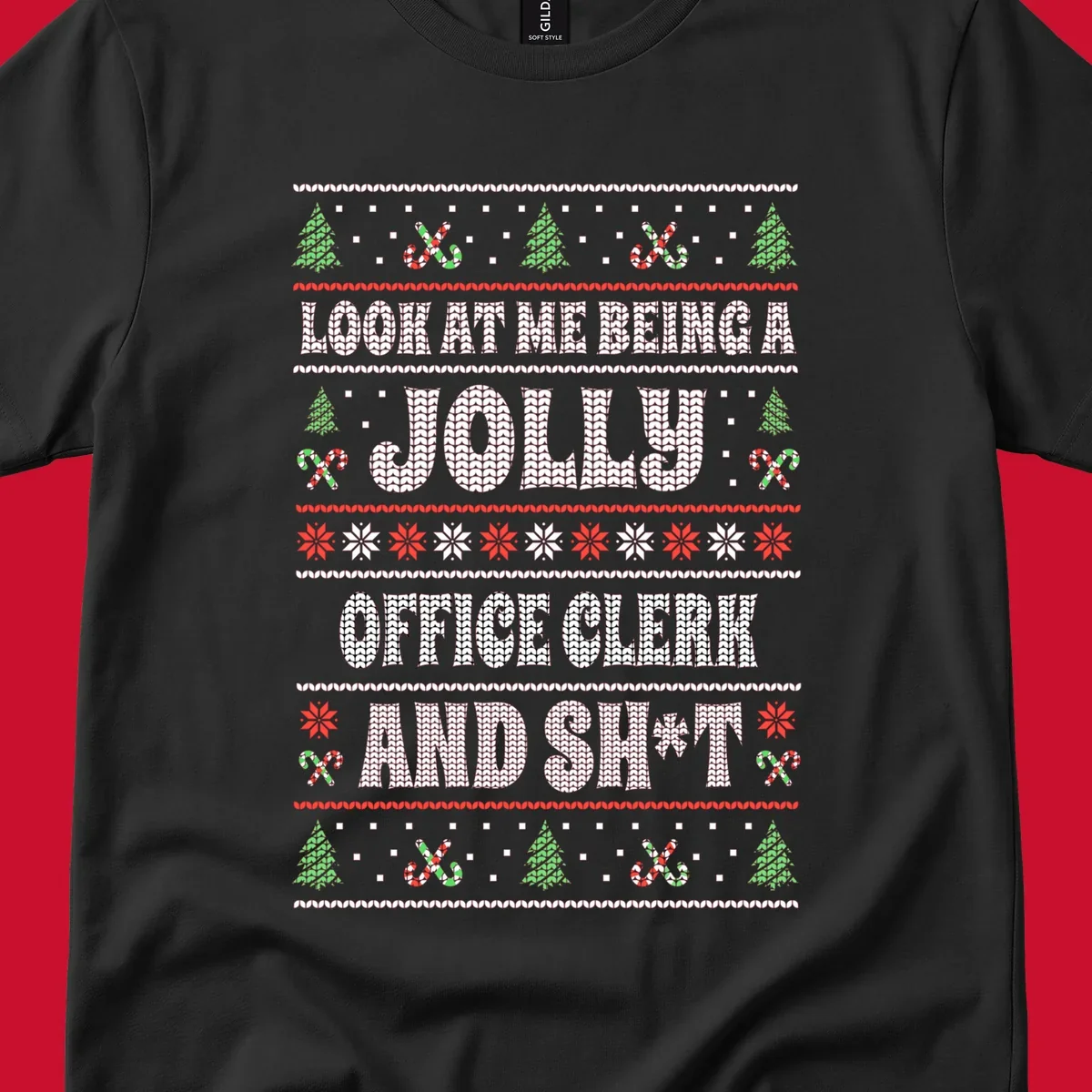 Jolly office clerk and shit text with Christmas trees and candy canes
