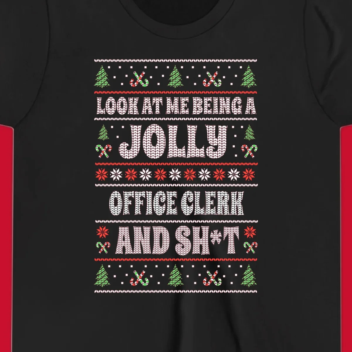 Jolly office clerk and shit text with Christmas trees and candy canes