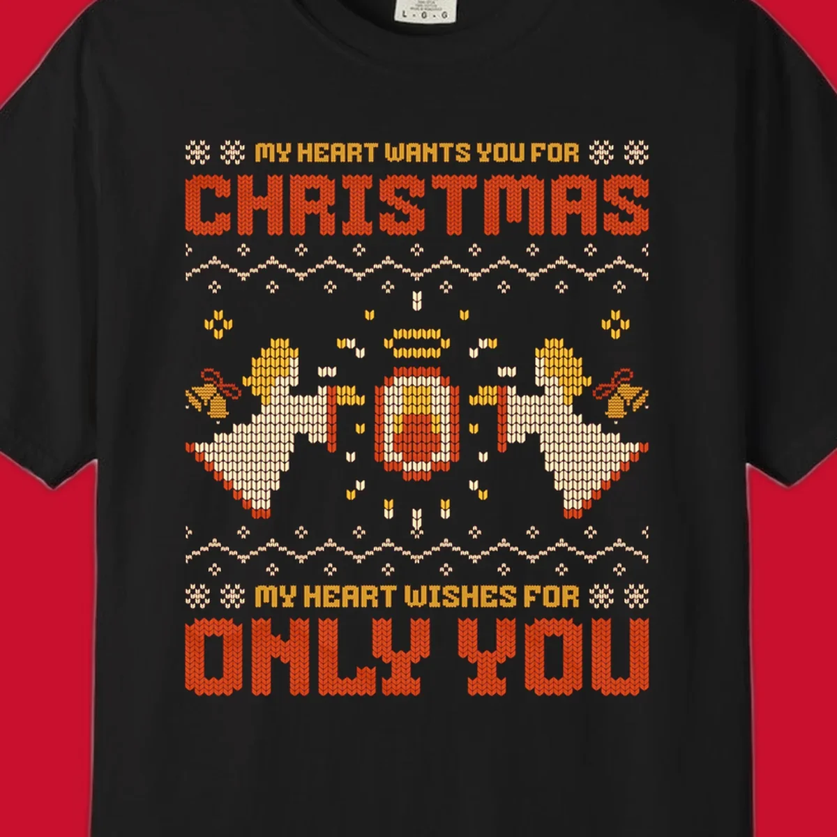 Christmas angel wish design with text and festive motifs.