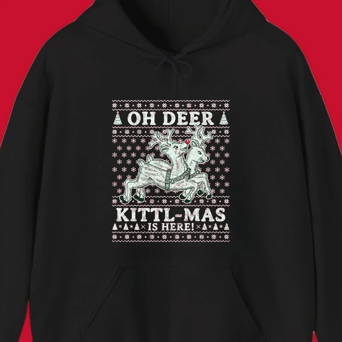 Oh Deer Kittl-Mas reindeer illustration with snowflakes and Christmas trees.