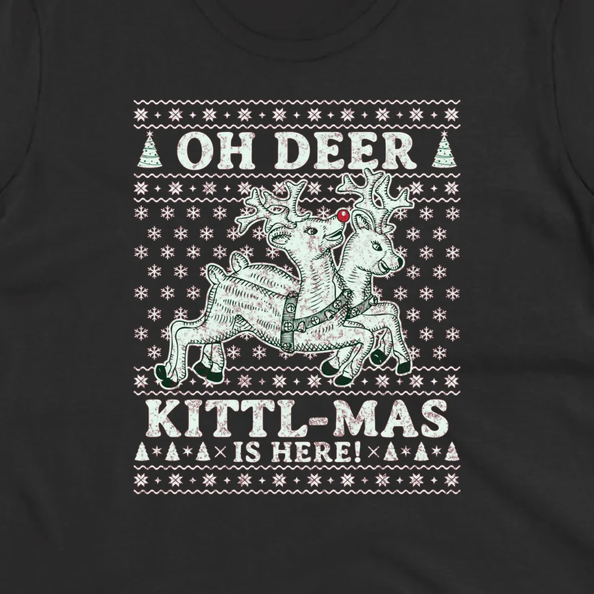 Oh Deer Kittl-Mas reindeer illustration with snowflakes and Christmas trees.