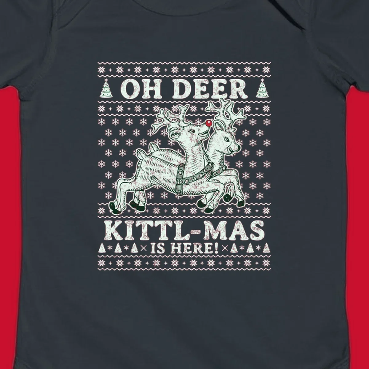 Oh Deer Kittl-Mas reindeer illustration with snowflakes and Christmas trees.