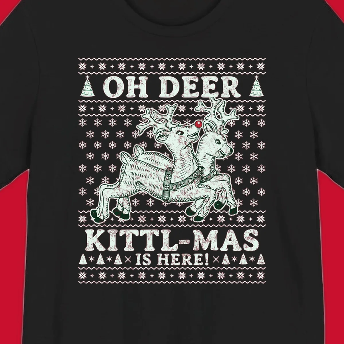 Oh Deer Kittl-Mas reindeer illustration with snowflakes and Christmas trees.
