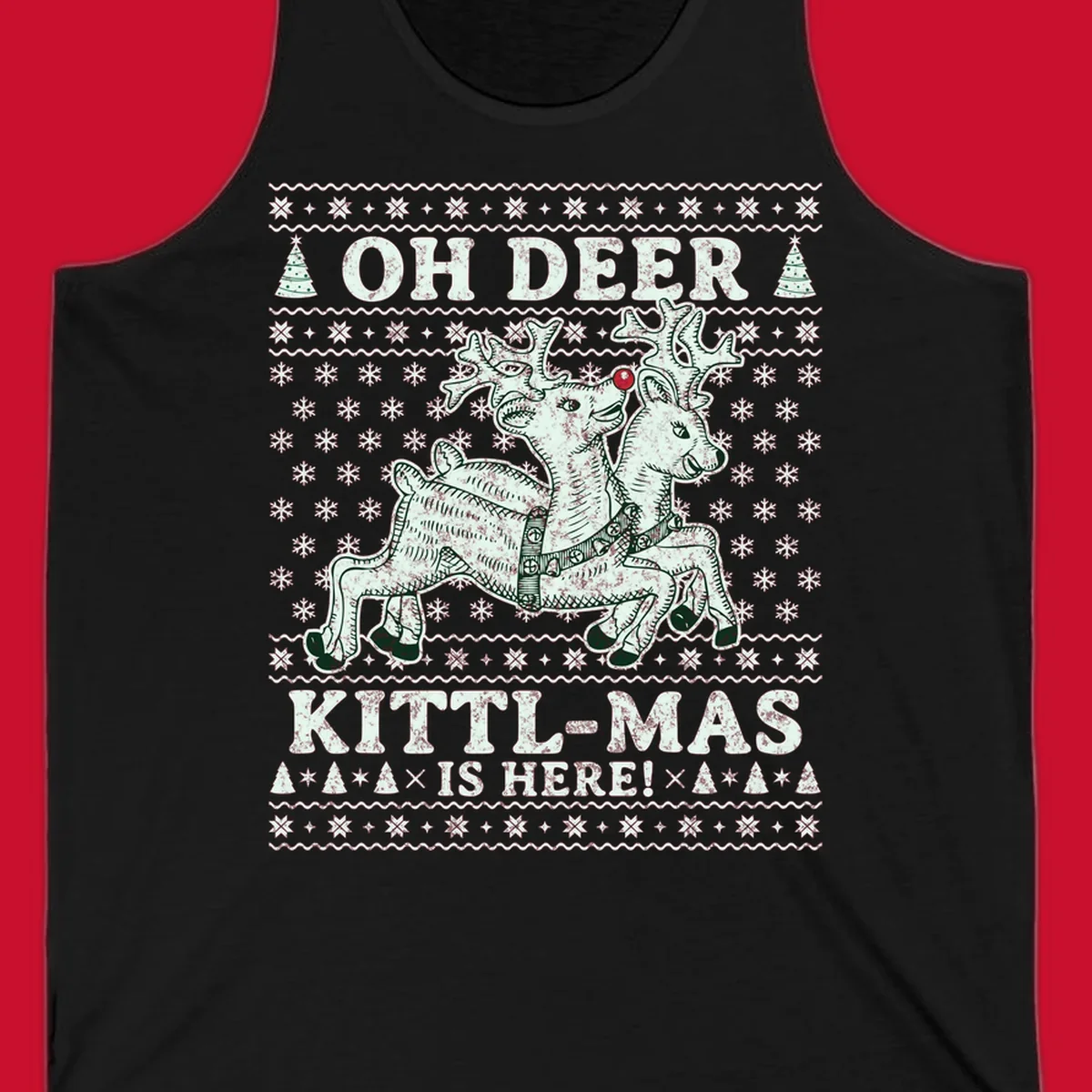 Oh Deer Kittl-Mas reindeer illustration with snowflakes and Christmas trees.