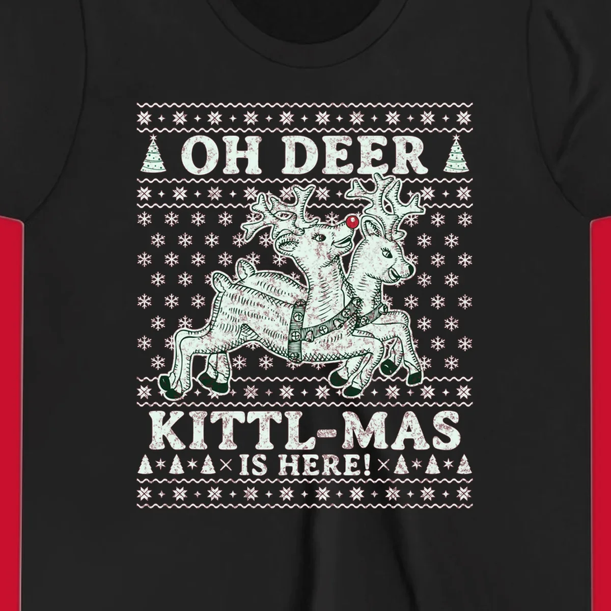 Oh Deer Kittl-Mas reindeer illustration with snowflakes and Christmas trees.