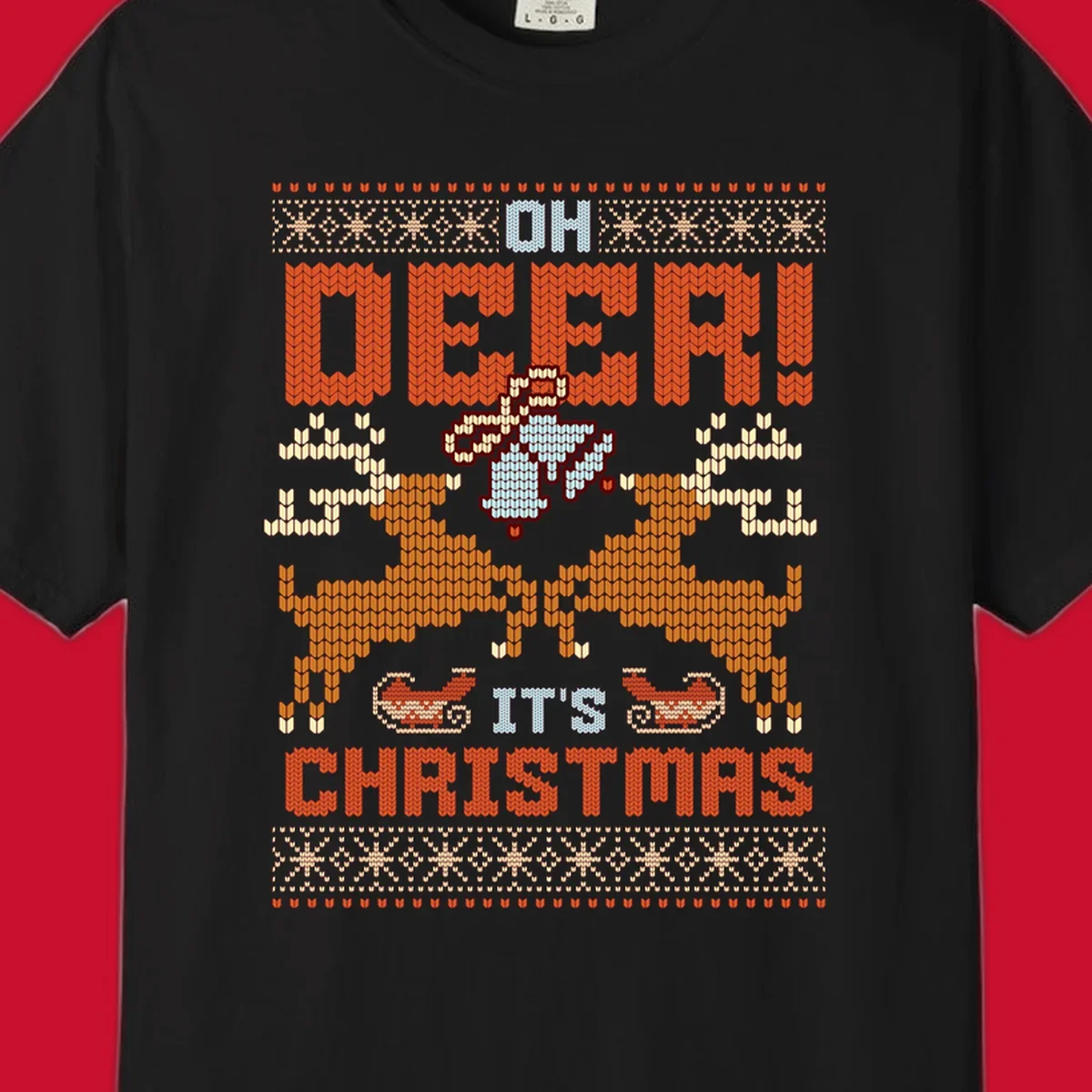 Oh Deer It's Christmas design with reindeer, bells, sleighs, and text in a knitted style.