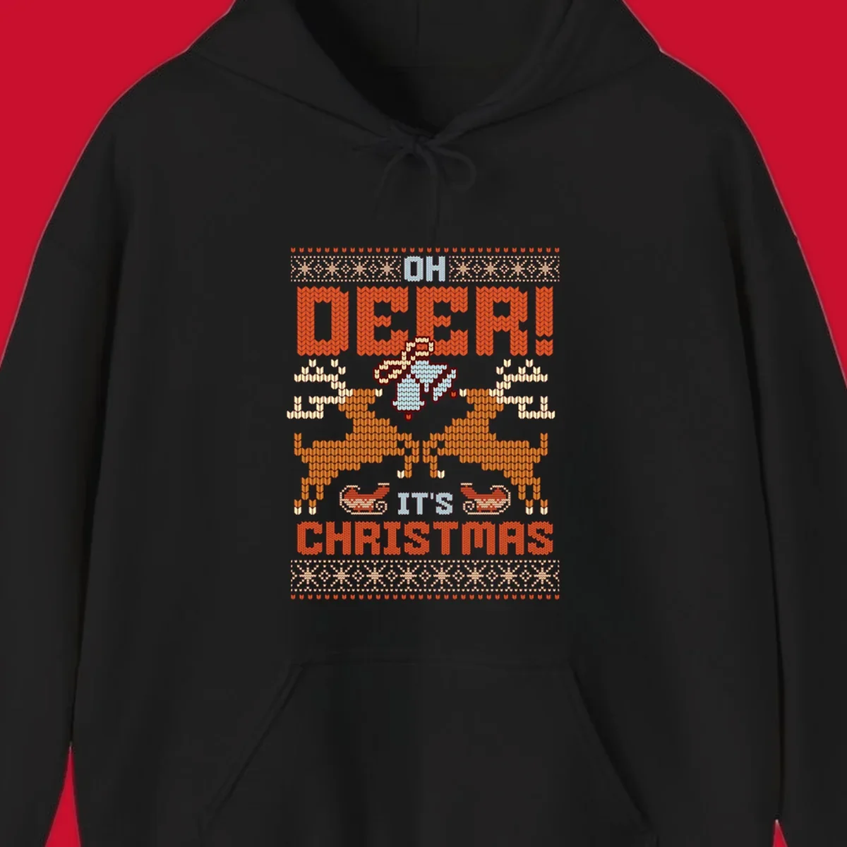 Oh Deer It's Christmas design with reindeer, bells, sleighs, and text in a knitted style.
