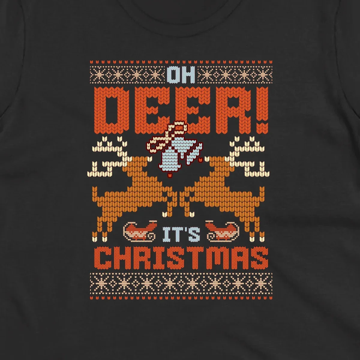 Oh Deer It's Christmas design with reindeer, bells, sleighs, and text in a knitted style.