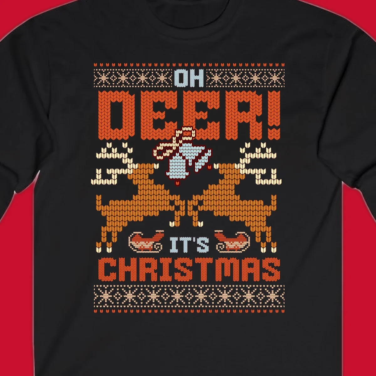 Oh Deer It's Christmas design with reindeer, bells, sleighs, and text in a knitted style.