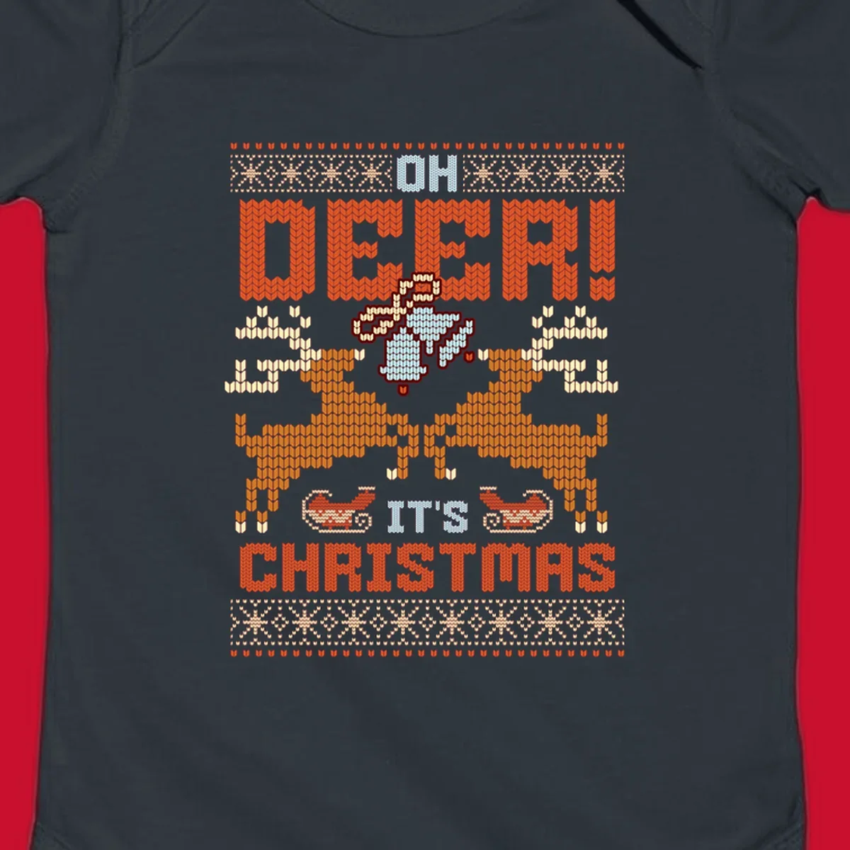 Oh Deer It's Christmas design with reindeer, bells, sleighs, and text in a knitted style.