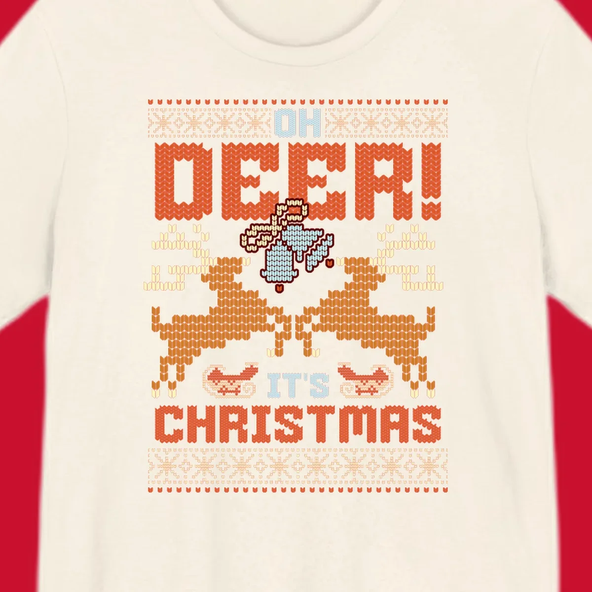 Oh Deer It's Christmas design with reindeer, bells, sleighs, and text in a knitted style.