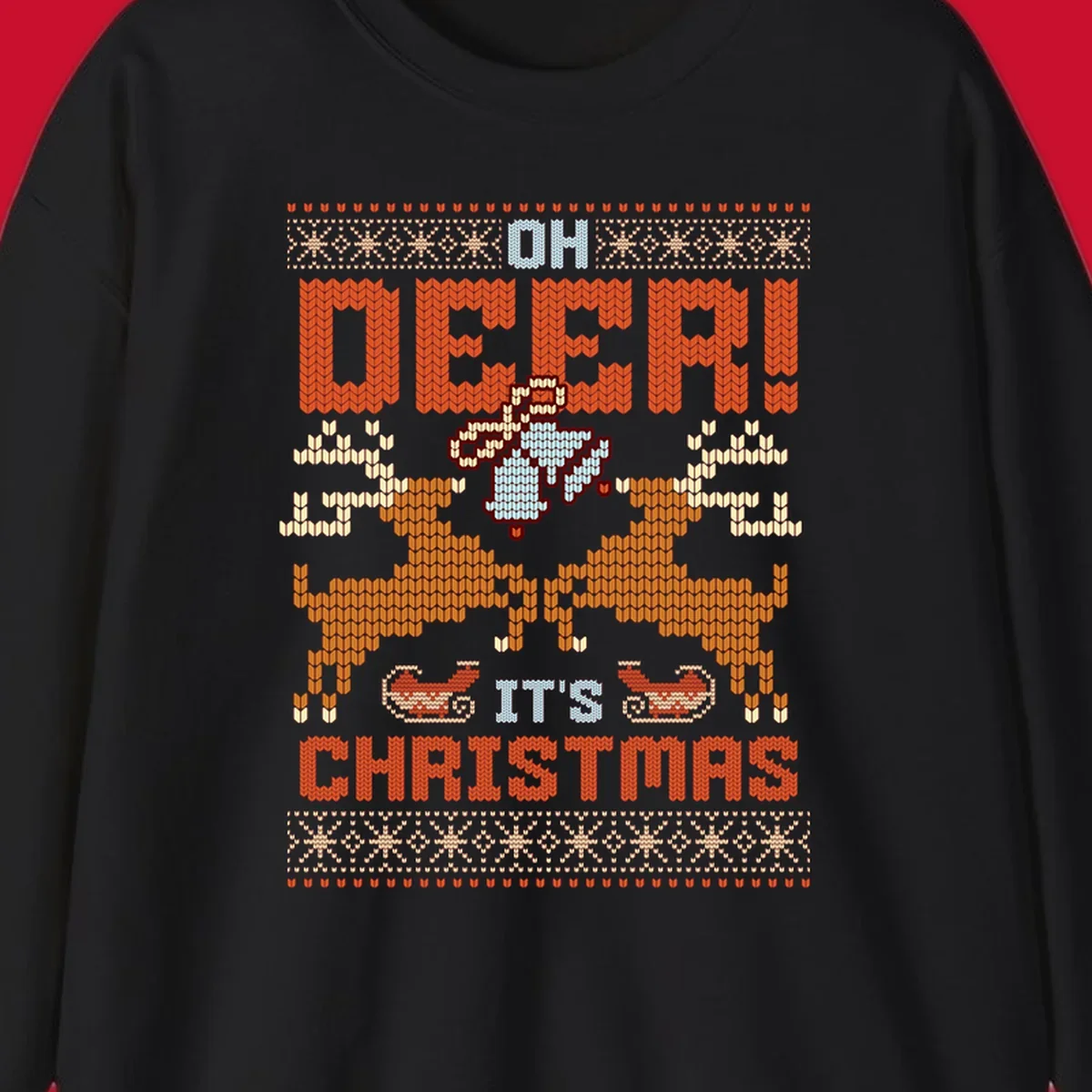 Oh Deer It's Christmas design with reindeer, bells, sleighs, and text in a knitted style.