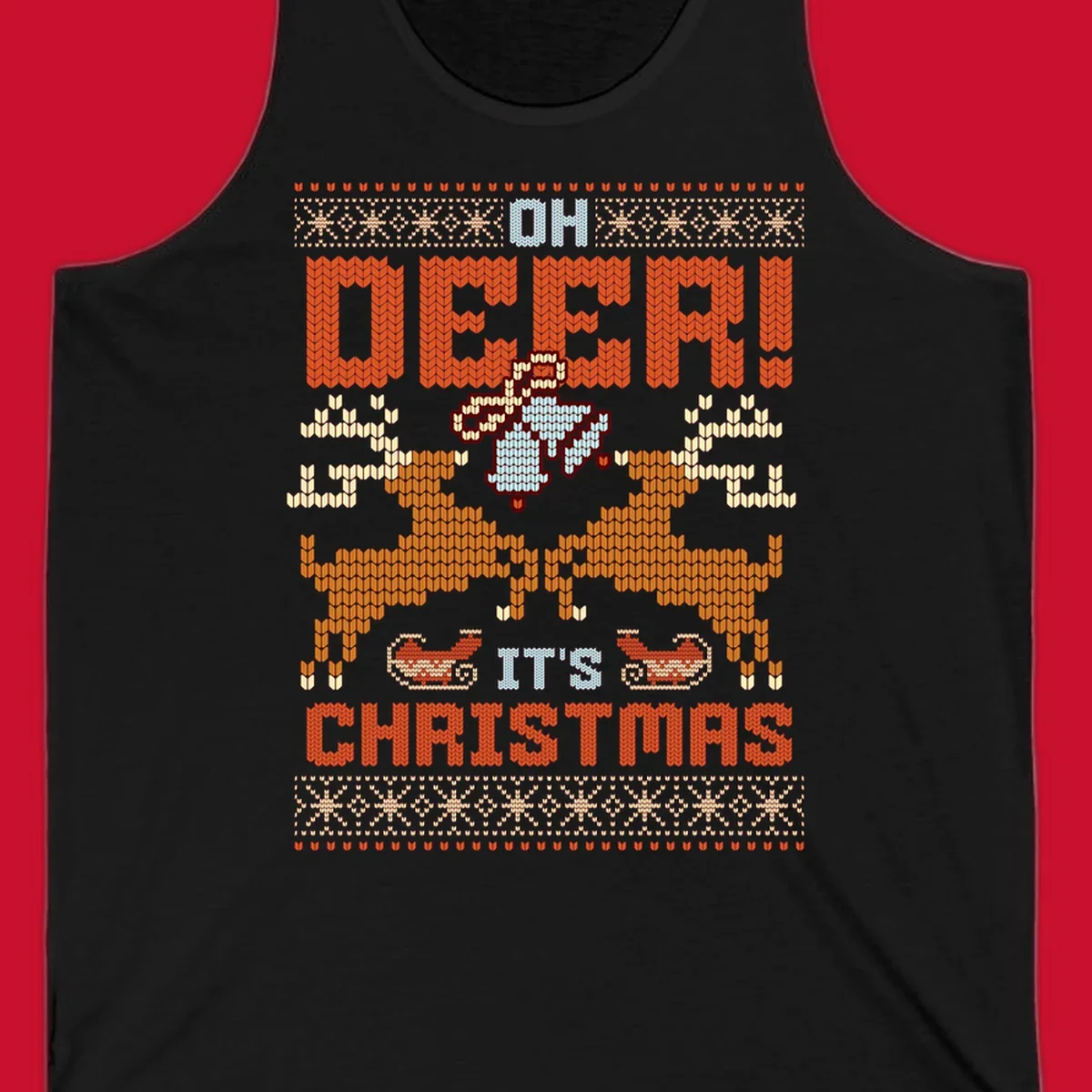 Oh Deer It's Christmas design with reindeer, bells, sleighs, and text in a knitted style.