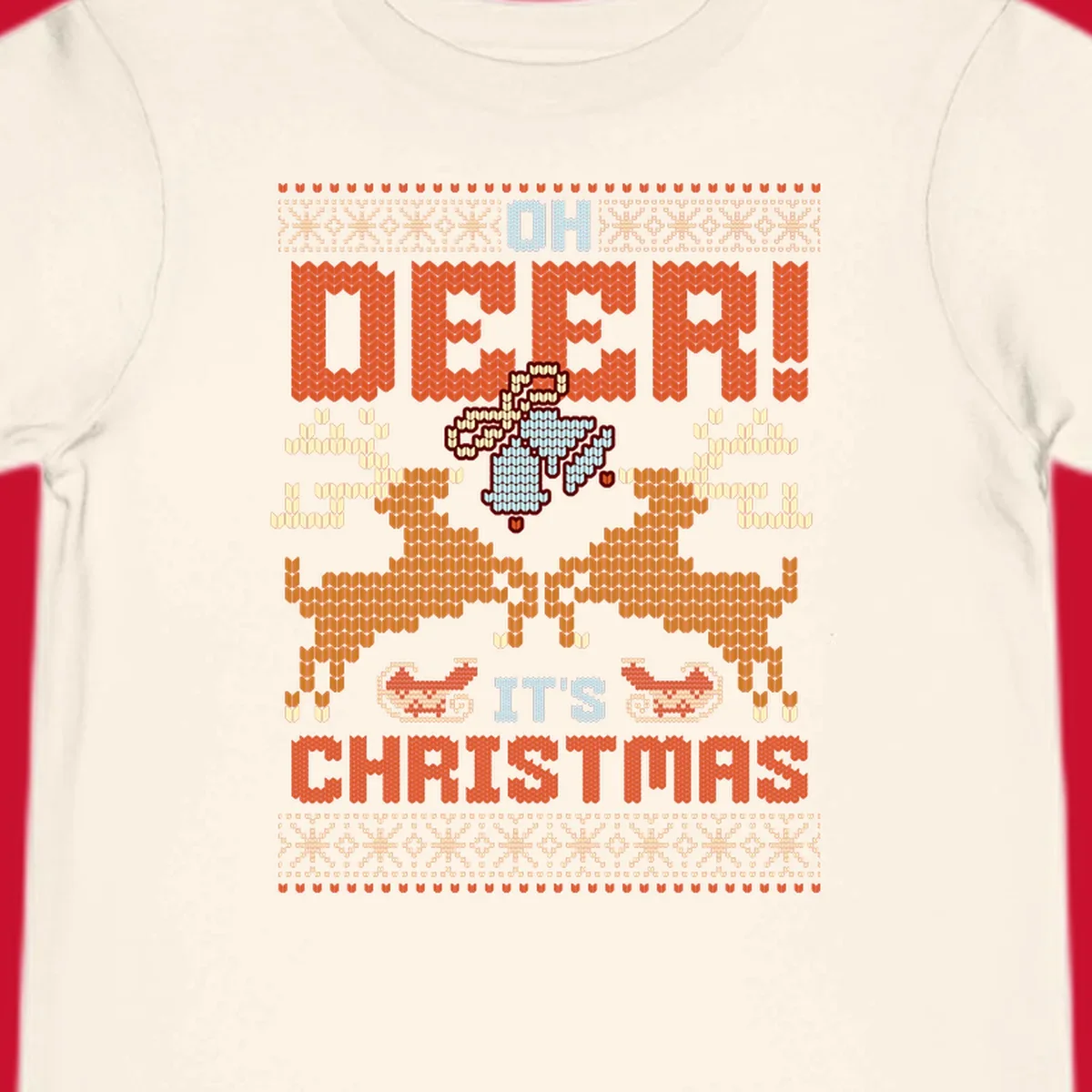Oh Deer It's Christmas design with reindeer, bells, sleighs, and text in a knitted style.
