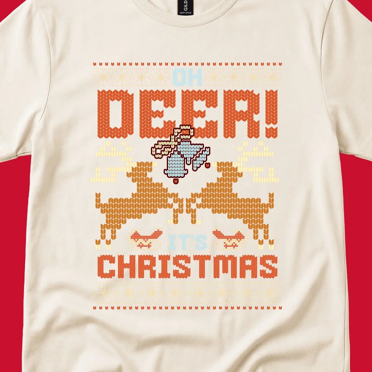 Oh Deer It's Christmas design with reindeer, bells, sleighs, and text in a knitted style.