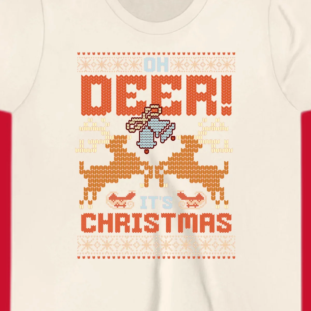 Oh Deer It's Christmas design with reindeer, bells, sleighs, and text in a knitted style.