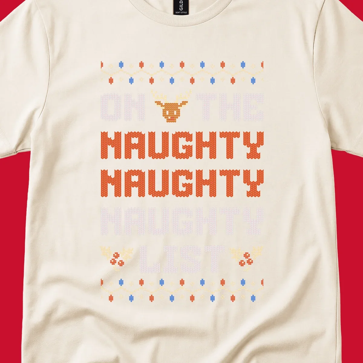 On The Naughty Naughty Naughty List text with reindeer and holiday lights.