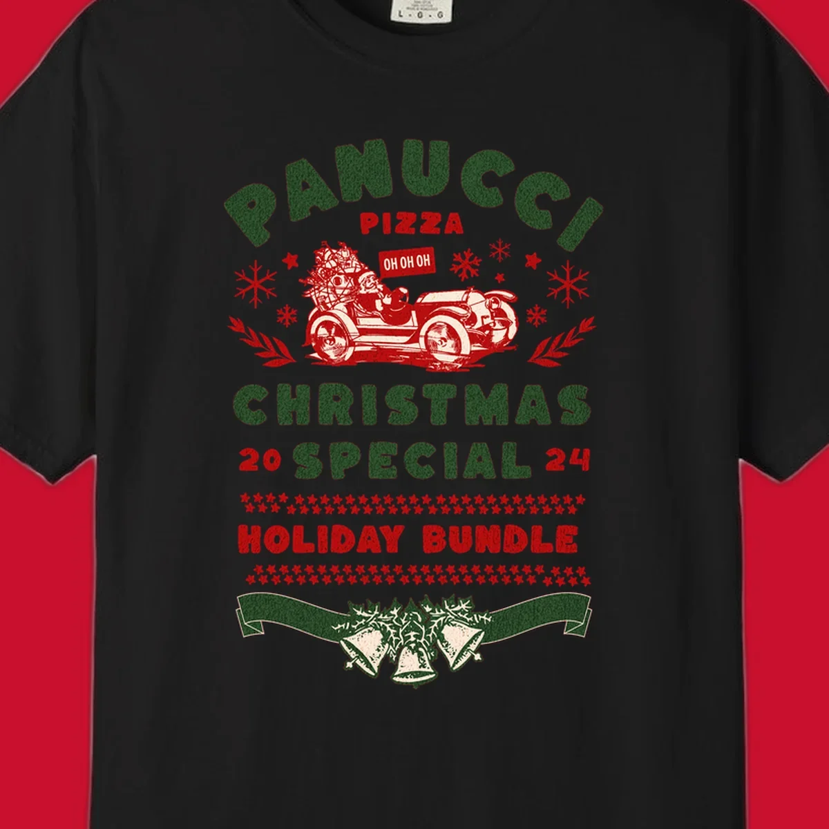 Panucci Pizza Christmas Special Holiday Bundle with Santa driving a car and festive elements.