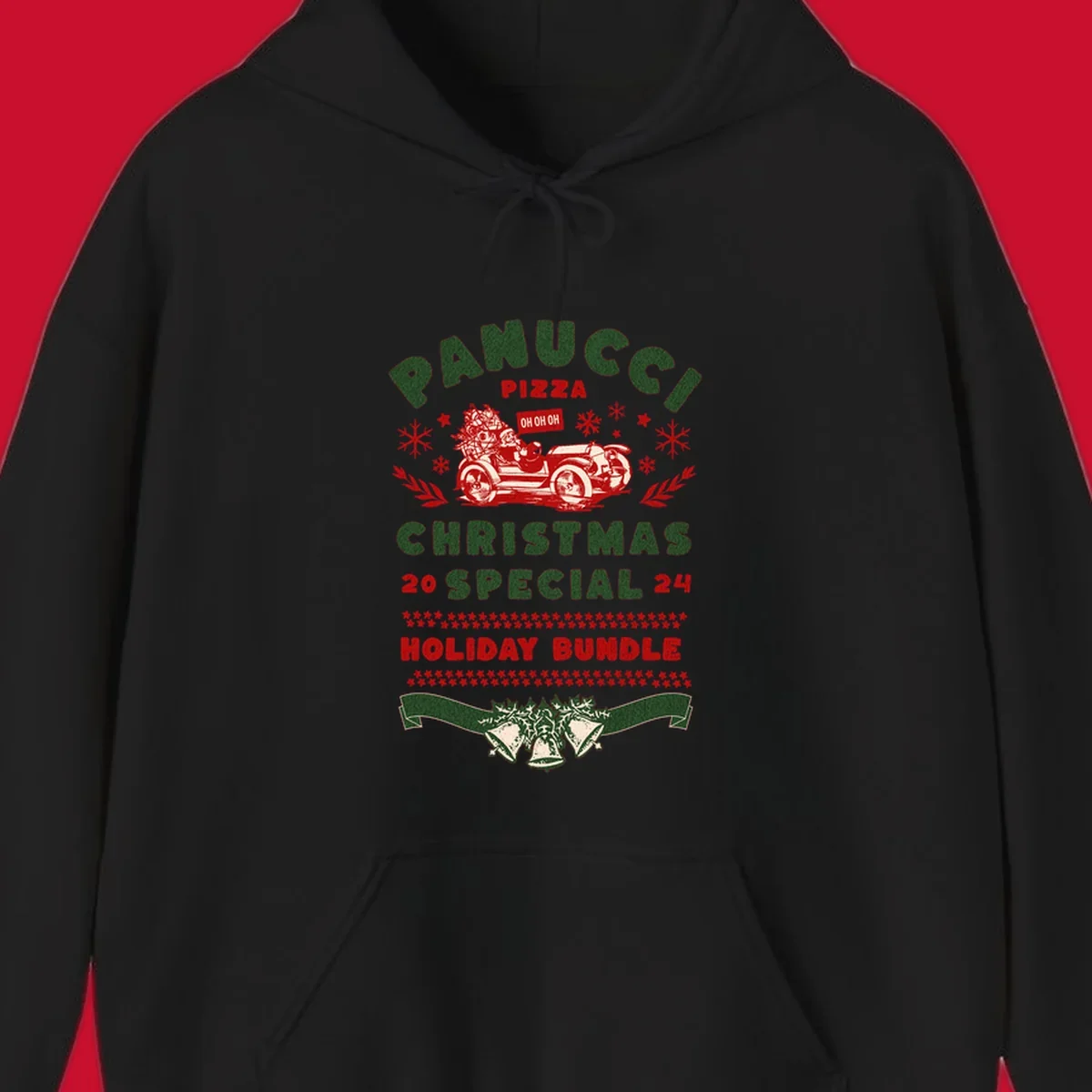 Panucci Pizza Christmas Special Holiday Bundle with Santa driving a car and festive elements.