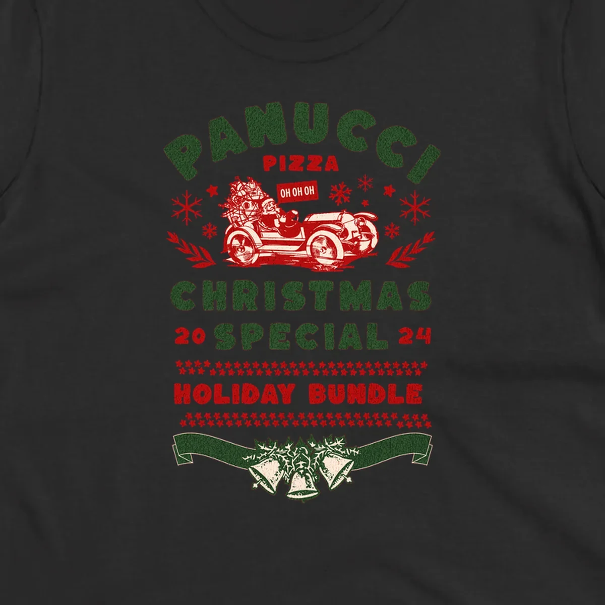 Panucci Pizza Christmas Special Holiday Bundle with Santa driving a car and festive elements.
